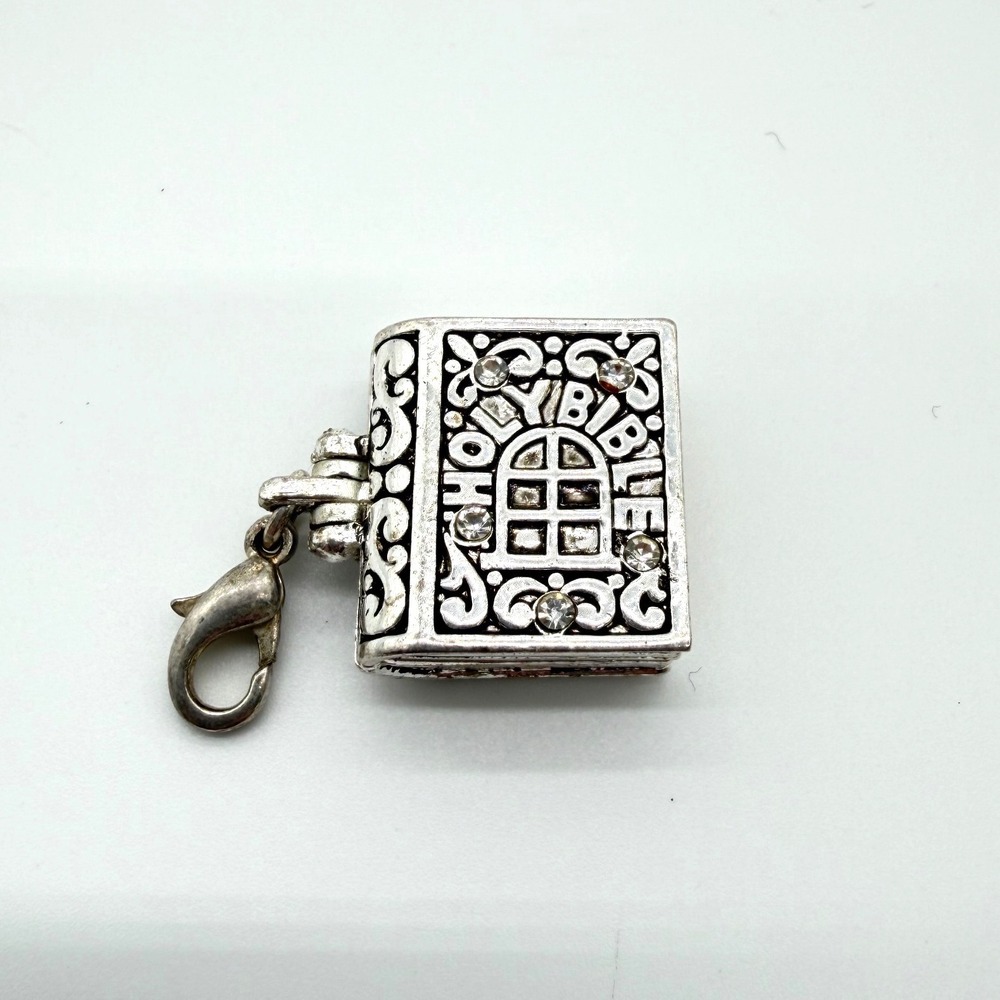 Silver Tone Holy Bible‎ Charm With Cross and Rhinestones Lobster Clasp Pendant